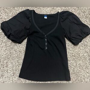 Old Navy Black Ribbed Knit Top XS Puff Sleeves